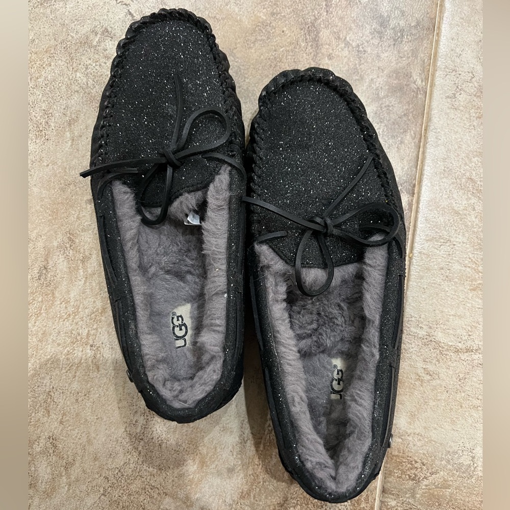 New Ugg Fuzzy Sparkly Black Moccassins